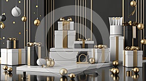 exclusive discount offers, featuring elegant black, white, and gold tones, accompanied by enticing rewards and gift