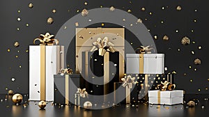 exclusive discount offers, featuring elegant black, white, and gold tones, accompanied by enticing rewards and gift