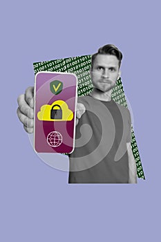 Exclusive image vertical photo collage of serious man it specialist show phone screen lock spyware cyber hacking storage photo