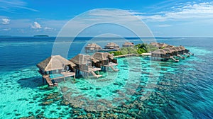 Exclusive island retreat with clear seas and overwater bungalows under a blue sky. Private retreats