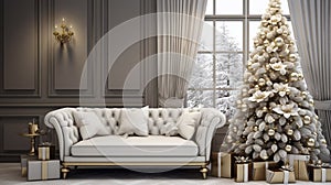 Exclusive luxury christmas interior, stunning atmosphere, wonderful christmas tree with beautiful decorations