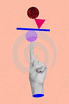 Exclusive magazine picture sketch collage image of finger holding balance game isolated painting background