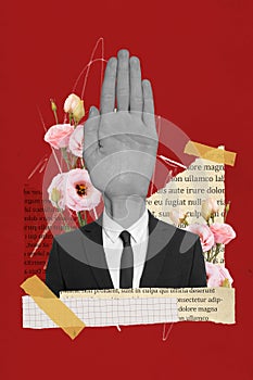 Exclusive magazine picture sketch collage image of formalwear guy arm palm instead of heaad isolated painting background