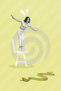 Exclusive magazine picture sketch collage image of funky funny lady standing chair scaring snake isolated painting