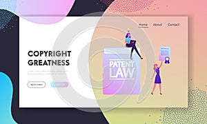 Exclusive Rights Website Landing Page. Woman Sitting on Huge Patent Law Book with Glowing Light Bulb
