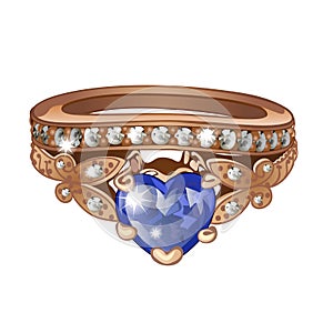 Exclusive ring made of gold with inlaid blue sapphire isolated on white background. An instance of boutique jewelry