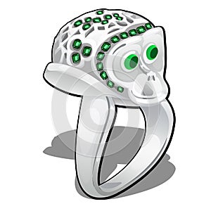 Exclusive ring made of white gold with inlaid green emerald isolated on white background. Jewelry in the shape of a