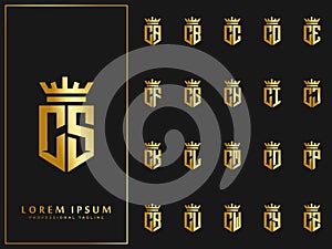 Exclusive set of initial C letter with crown elements logo template. luxury gold initial shield shape alphabet vector design stock