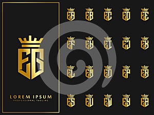 Exclusive set of initial E letter with crown elements logo template. luxury gold initial shield shape alphabet vector design stock