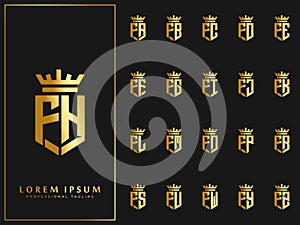 Exclusive set of initial F letter with crown elements logo template. luxury gold initial shield shape alphabet vector design stock