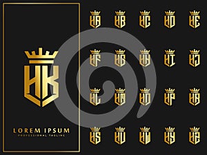 Exclusive set of initial H letter with crown elements logo template. luxury gold initial shield shape alphabet vector design stock