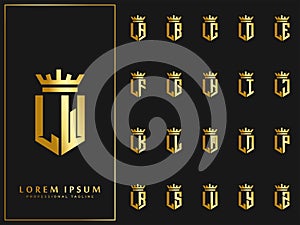 Exclusive set of initial L letter with crown elements logo template. luxury gold initial shield shape alphabet vector design stock