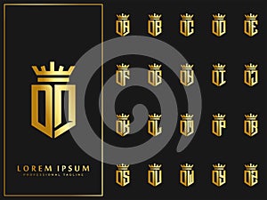 Exclusive set of initial O letter with crown elements logo template. luxury gold initial shield shape alphabet vector design stock