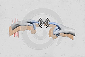 Exclusive sketch collage image of arms sharing internet connection  grey color background