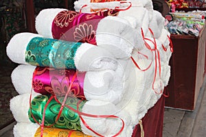 Exclusive souvenirs, gloves (sleeves) of fur and silk in walled city Pingyao, China