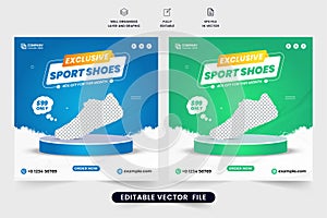 Exclusive sports shoe business template design with blue and green backgrounds. Modern shoe business promotional web banner vector