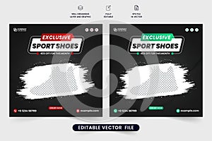 Exclusive sports shoe social media post design on dark backgrounds. Creative shoe business template design for digital marketing.