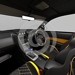 Exclusive tuning project for the interior of a sports car. Interior design with the layout of the main elements of the