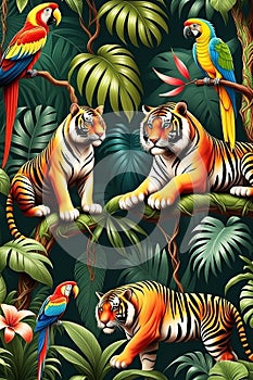 The excotic allure of the jungle with the majestic animals of tigers and parrots, wallpaper design, animal with nature