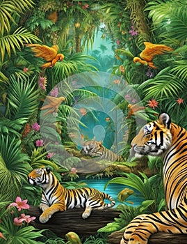 The excotic allure of the jungle with tigers and parrots, wallpaper design, nature, animal