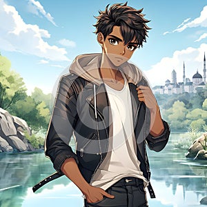 An excotic anime handsome boy wearing leather jacket standing behind a beautiful river, sky, clouds, nature view, anime style