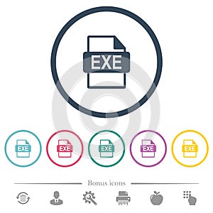 EXE file format flat color icons in round outlines