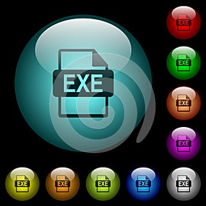 EXE file format icons in color illuminated glass buttons