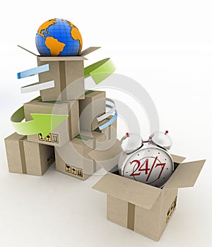 Executing online delivery of goods in the stream 24 hours. Logistics concept.