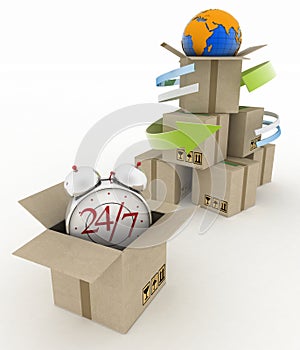 Executing online delivery of goods in the stream 24 hours. Logistics concept photo