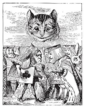 Executioner argues with King about cutting off Cheshire Catâ€™s head - Alice`s Adventures in Wonderland original vintage engravin