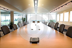 Executive boardroom head view in clean office.