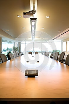 Executive boardroom head view in clean office.