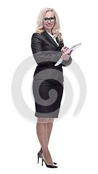 Executive business woman with business documents. isolated on a white