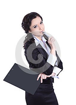 Executive business woman with clipboard.isolated on white