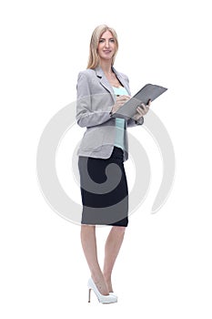 Executive business woman with clipboard .isolated on white