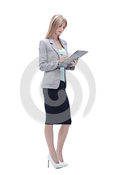 Executive business woman with clipboard .isolated on white