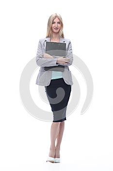 Executive business woman with clipboard .isolated on white