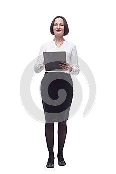 Executive business woman making notes in the clipboard .