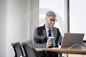 Executive businessman having a coffee and using laptop while working at the office