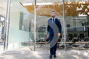 Executive businessman walking. Portrait of ceo near modern office in suit. Happy leader standing in front of company