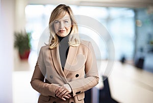 Executive businesswoman with blond hair looking at camera and smiling