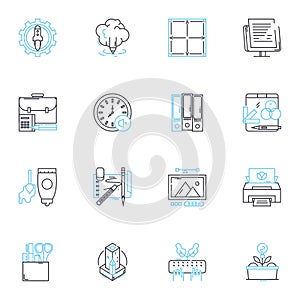 Executive center linear icons set. Boardrooms, Suites, Offices, Conference, Reception, Business, Furnished line vector photo