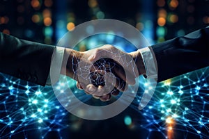 Executive handshakes, global hologram backdrop symbolizing tech networking and collaboration