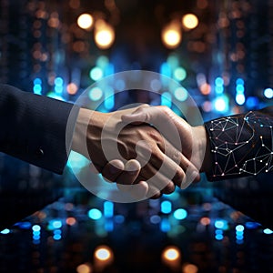 Executive handshakes, global hologram backdrop symbolizing tech networking and collaboration