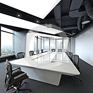 Executive high rise modern empty business office conference room overlooking a city.