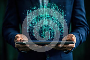 Executive Holding Tablet with 3D Digital Data Visualization for Business Concepts