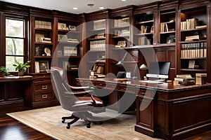 An executive home office with custom mahogany built-ins, a spacious executive desk,