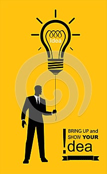 executive idea, man hold the string of tied bright bulb, solution bulb balloon shown by the executive