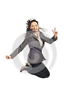 Executive jumping and show victory sign