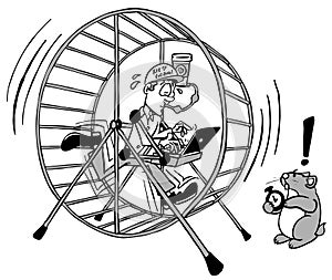 Executive man working inside a hamster wheel in black and white